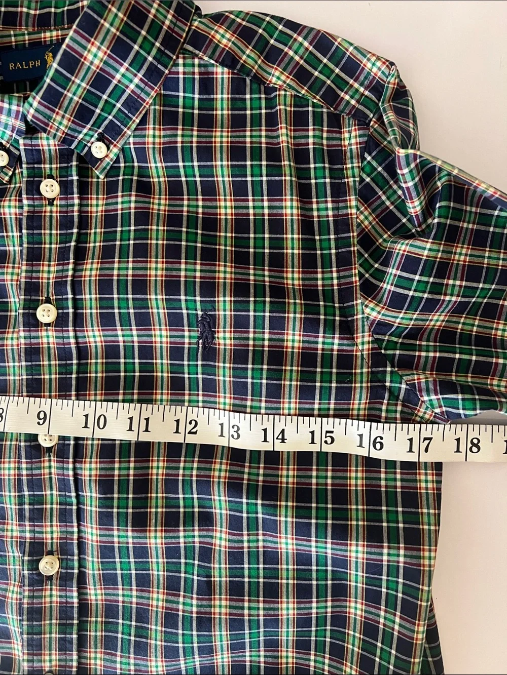 Ralph Lauren Navy and Green Plaid Button-Down Shirt Size:M (10-12)